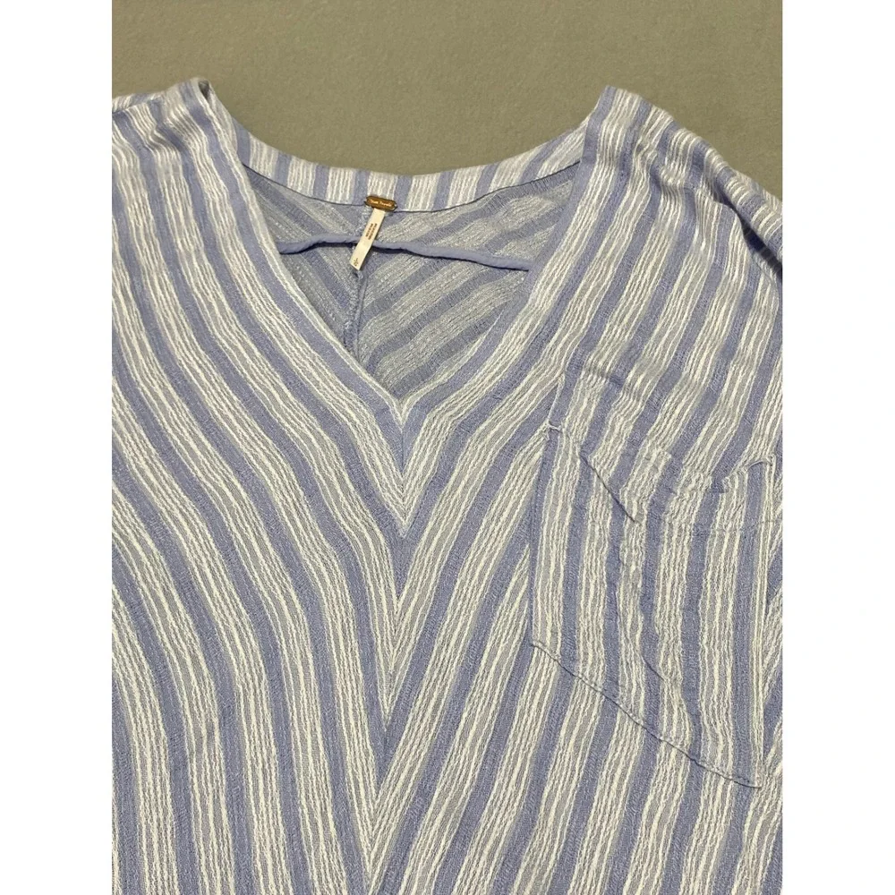 Free People Women's L Blue White‎ Striped V-Neck Blouse Tie Sleeve Pocket